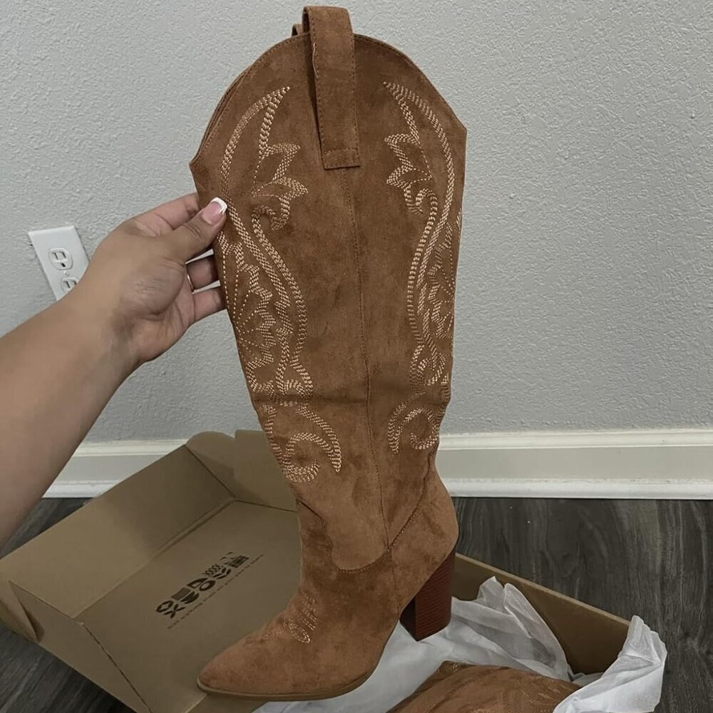 🆕Women Brown Knee High Pointed Toe Chunky High Heels Pull-on Embroidered Boots